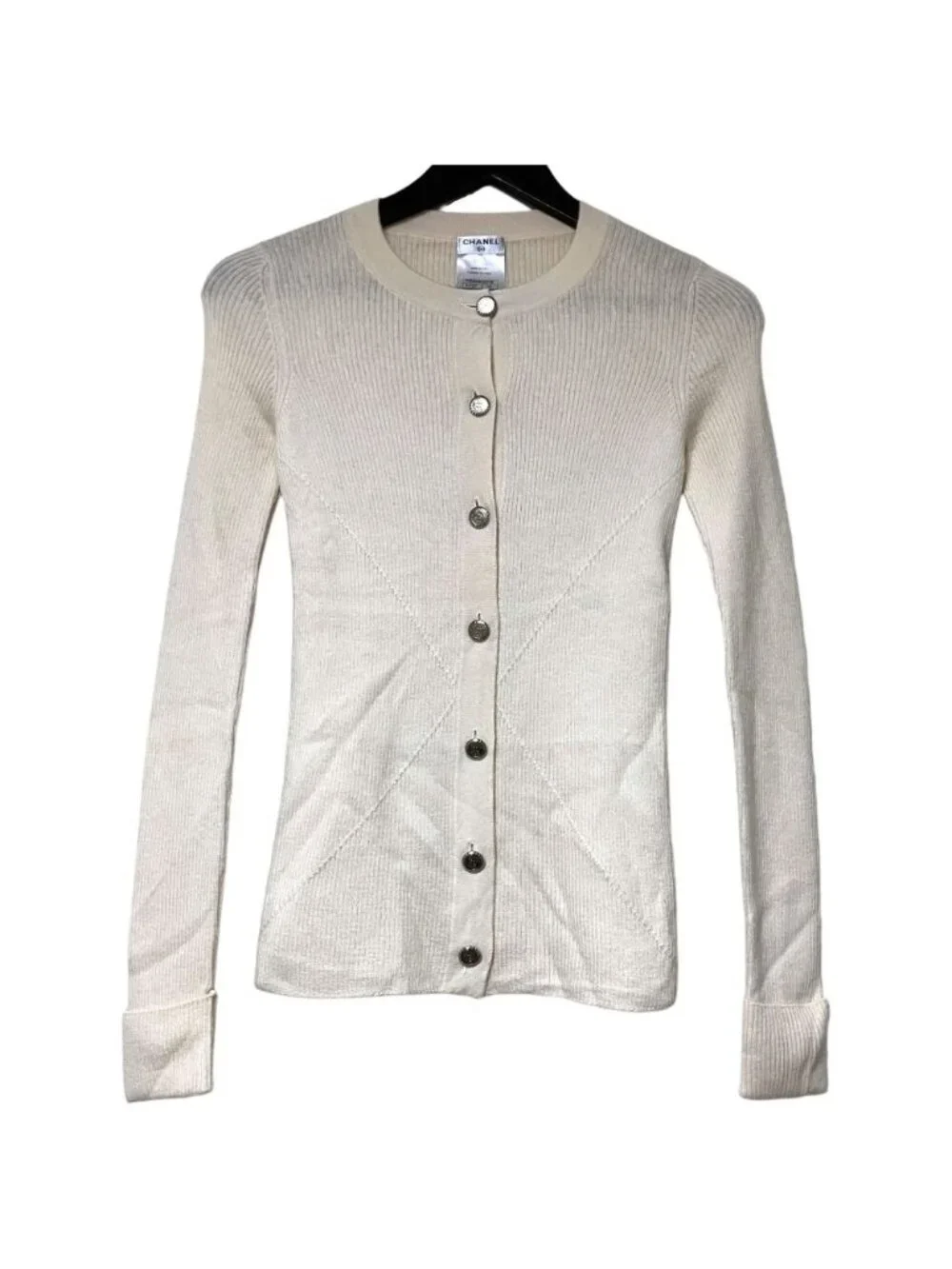 Chanel CC Logo Button Long Sleeve Cashmere Rib Knit Cardigan 34 Ivory